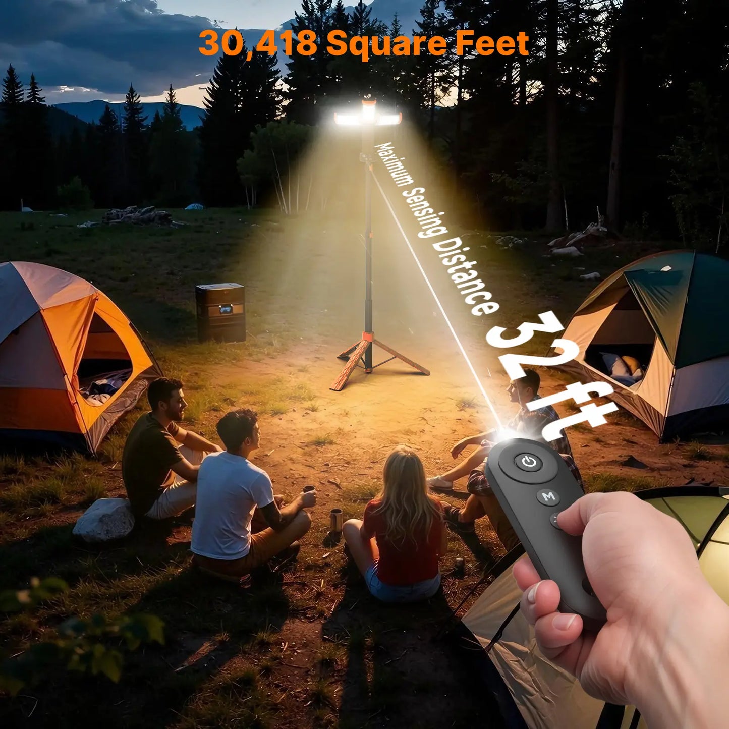 Camping Light with Tripod – 2850LM, 18000mAh, Remote – 3 Heads for Camping & Emergency