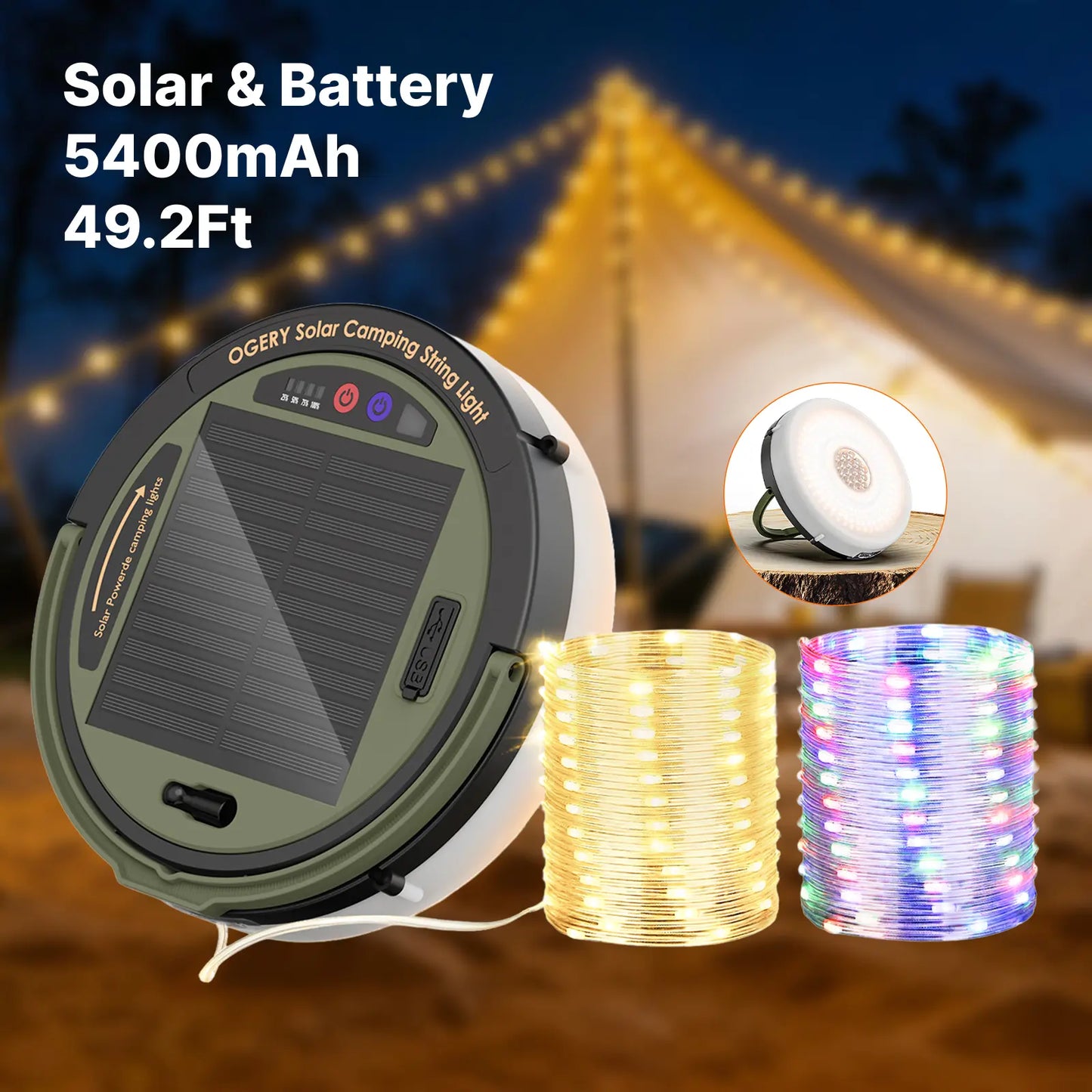 49.2Ft Solar String Lights – 5400mAh Rechargeable, Retractable – Waterproof LED for Camping, Patio & Emergency