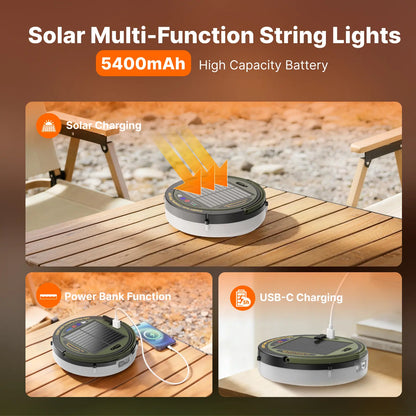 49.2Ft Solar String Lights – 5400mAh Rechargeable, Retractable – Waterproof LED for Camping, Patio & Emergency