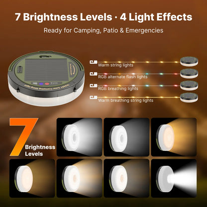 49.2Ft Solar String Lights – 5400mAh Rechargeable, Retractable – Waterproof LED for Camping, Patio & Emergency