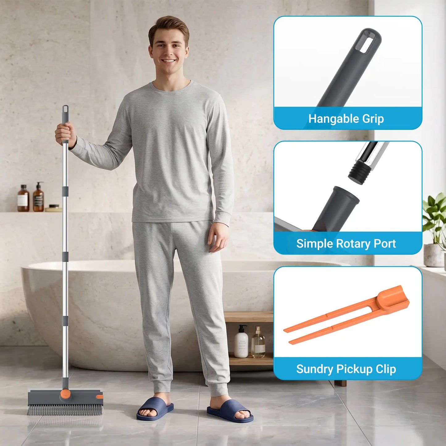 Rotating Floor Scrub Brush – 3-in-1 with Squeegee, Adjustable Long Handle – Multi-Surface Cleaning Tool for Home