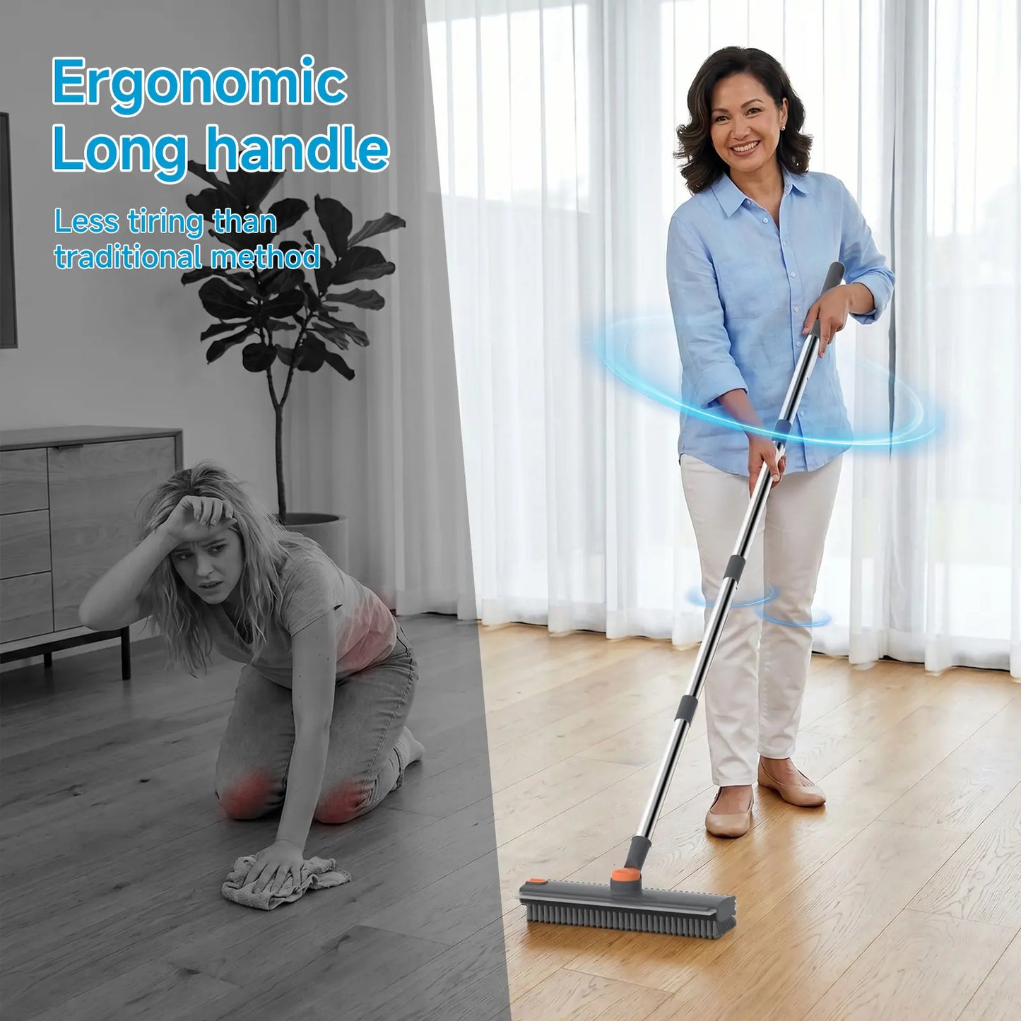 Rotating Floor Scrub Brush – 3-in-1 with Squeegee, Adjustable Long Handle – Multi-Surface Cleaning Tool for Home