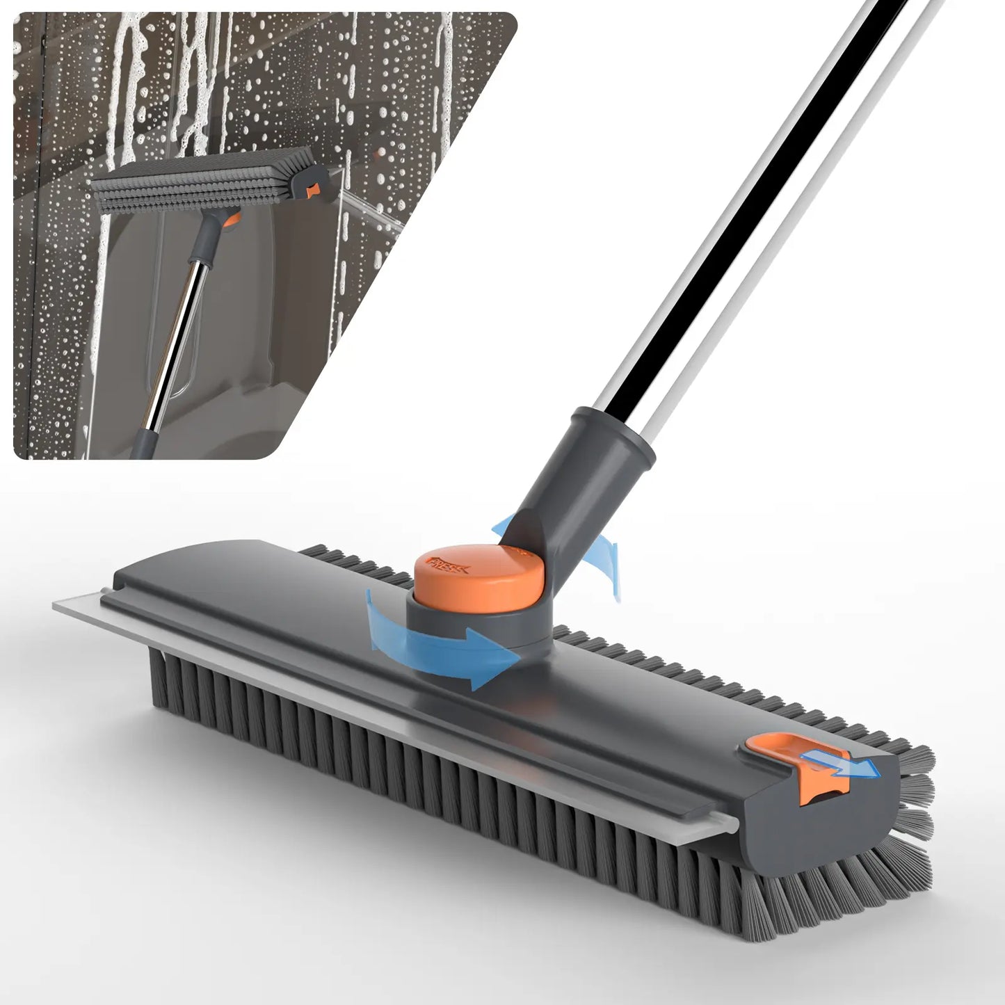 Rotating Floor Scrub Brush – 3-in-1 with Squeegee, Adjustable Long Handle – Multi-Surface Cleaning Tool for Home