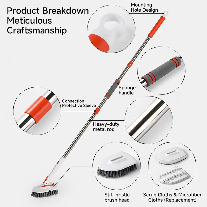 3-in-1 Floor Scrubber – 52" Long Handle, 3 Heads – Multi-Surface Tool for Kitchen & Bathroom