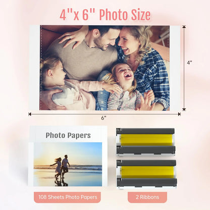 4x6" Photo Paper Refill Kit – 108 Sheets + 2 Ribbons – For Hanin CP4100/CP6000 Printers